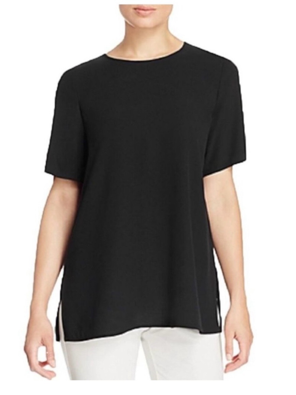 Eileen Fisher Black 100% Silk Crepe Short Sleeve Tunic Oversized Size medium.